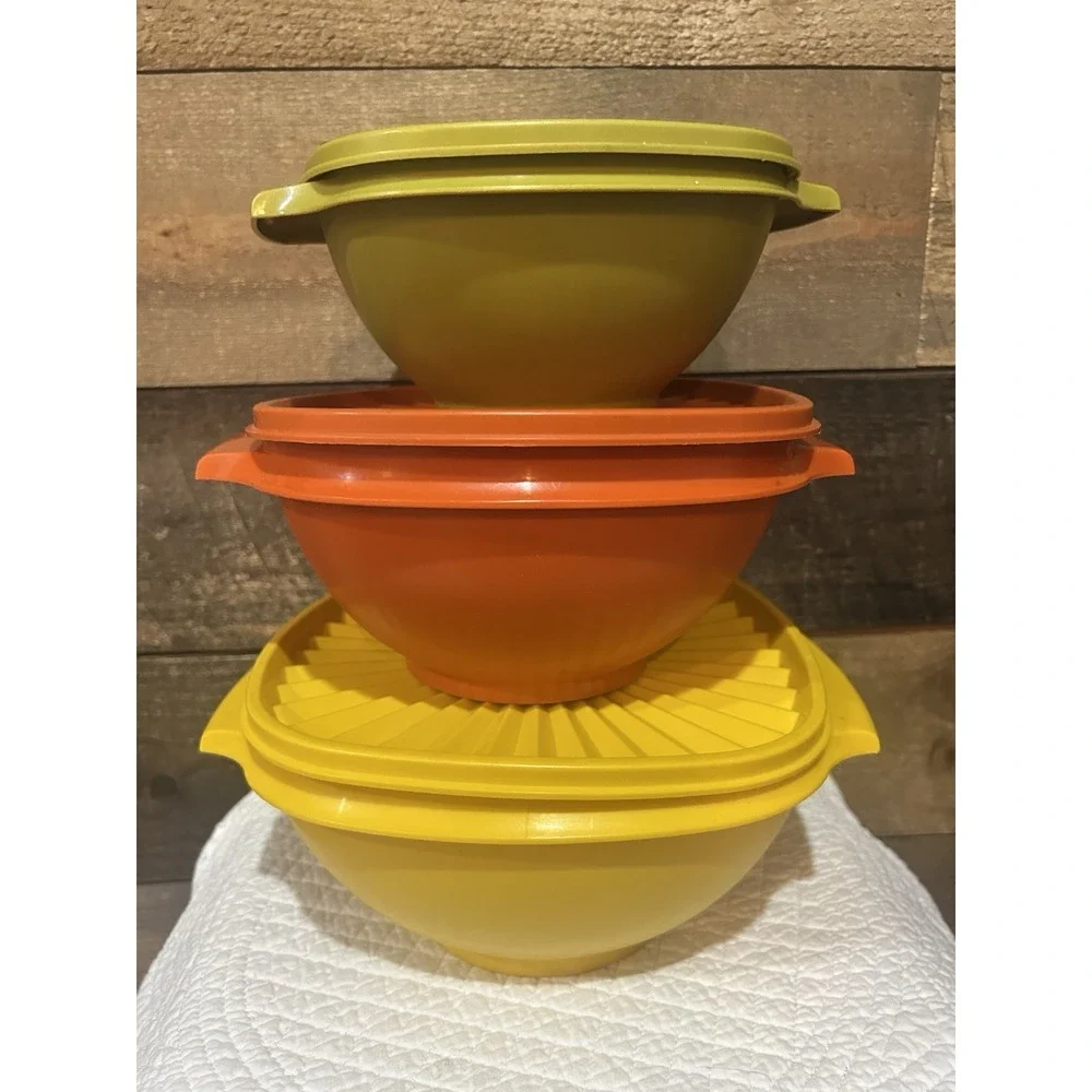 VTG Tupperware Servalier‎ Bowl SET Harvest Yellow Burnt Orange Green